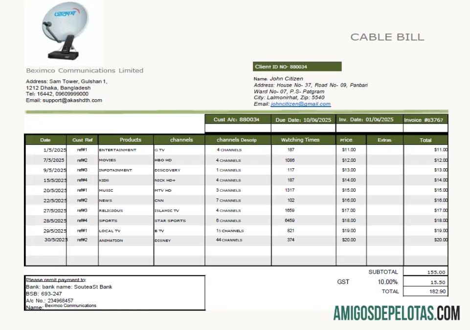 realista Modelo de conta de serviços públicos de comunicações da Bangladesh Beximco em formatos Word e PDF